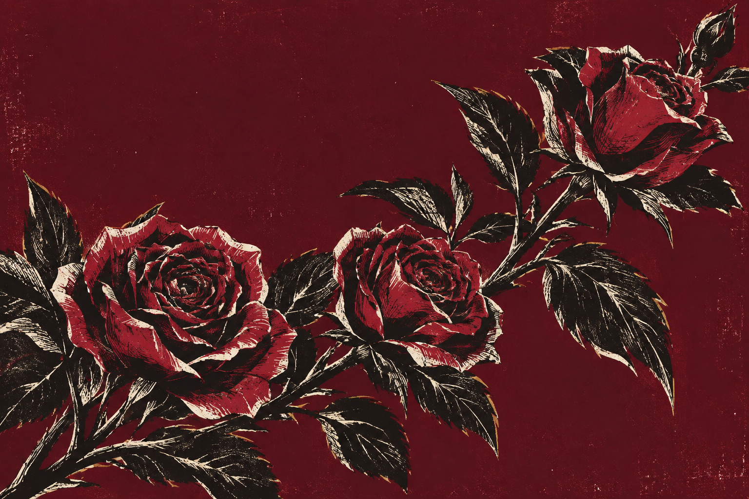 A bold woodblock-style rose branch on a deep burgundy ground