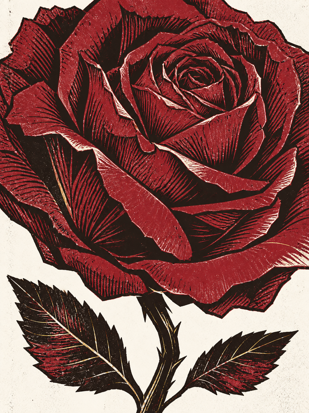 A monumental crimson rose with bold black carved contours